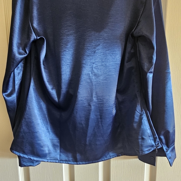 Elegant Blue Draped Long Sleeve Top - Picture 4 of 11